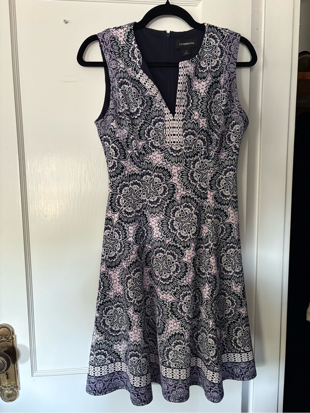 Liz Claiborne Lilac and Navy Floral Sleeveless A-Line Dress